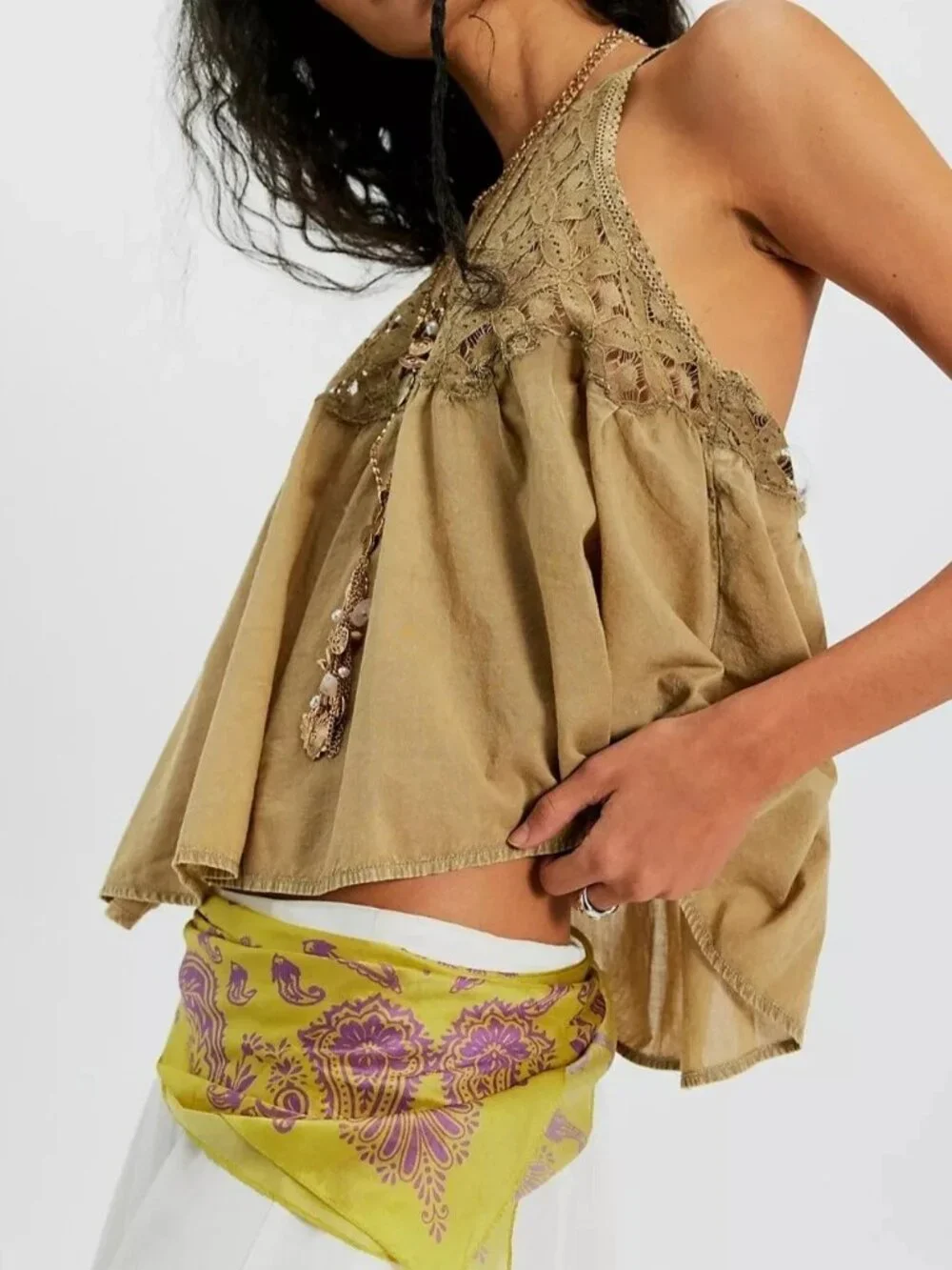 Free People Wandering Light Blouse Top Lace Cutout Tank Green Cotton M 290331